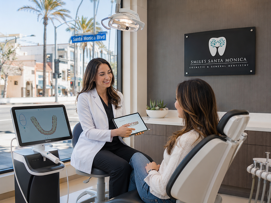 Smiles Santa Monica consultation with a dentist using a tablet to explain treatment options to a patient in a bright modern dental room with a digital scanner and a Santa Monica Blvd street view